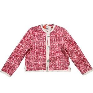 Patty Kim Red White Quilted Cotton Jacket Medallion Print‎ Pearl Buttons Large
